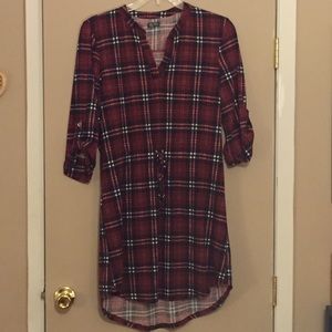 Red and blue plaid shirt/dress with tie in back