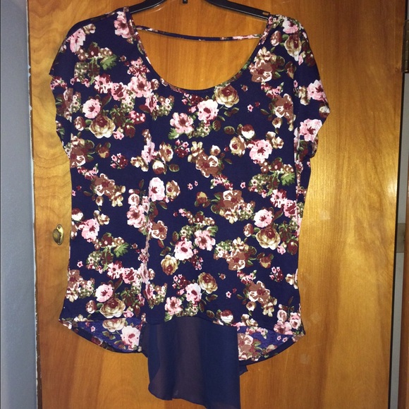 Navy floral print top with sheer bow back