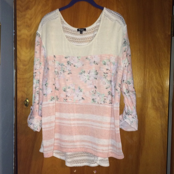 Pink and cream floral striped lace top