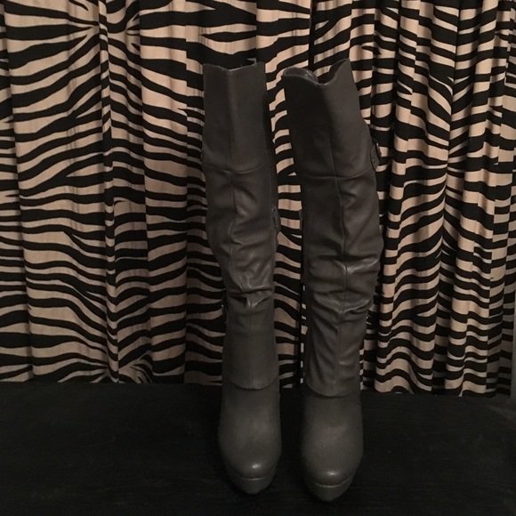 Gray Knee High Heeled Boots