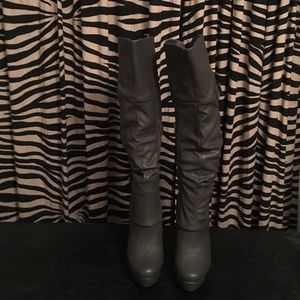 Gray Knee High Heeled Boots