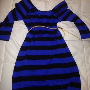 Black and blue striped dress with yellow belt