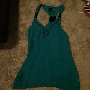 Teal fox tank top with black lace