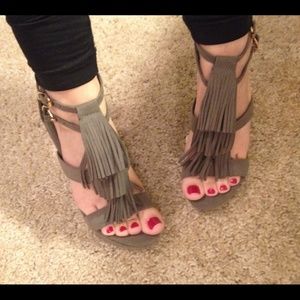Gray Suede Fringe Wedges