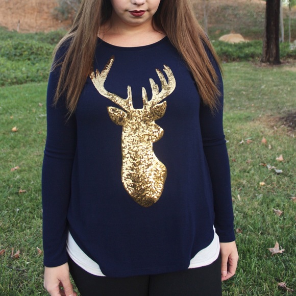 ⬛️BF Sale! $20 OFF! Navy & Gold Sequin Deer Top - Picture 4 of 4