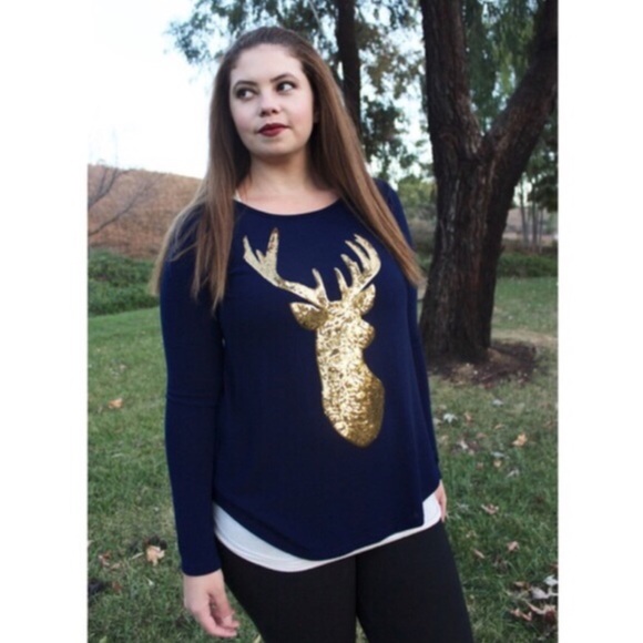 ⬛️BF Sale! $20 OFF! Navy & Gold Sequin Deer Top - Picture 2 of 4