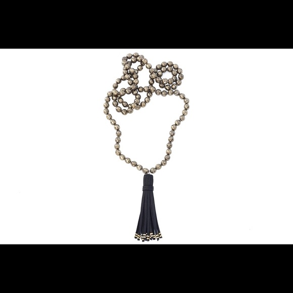 Pyrite & Metal Embellished Leather Tassel Necklace