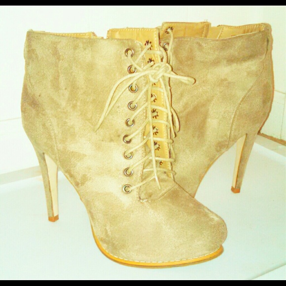 Beige suede high heel military boots