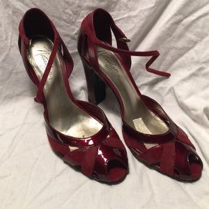 Naturalizer Red Leather/Suede Block Heel Pump Sz 9
