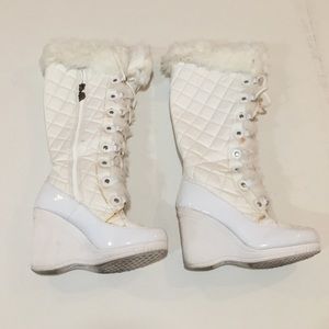 White Bebe Wedge Boots with Faux Fur