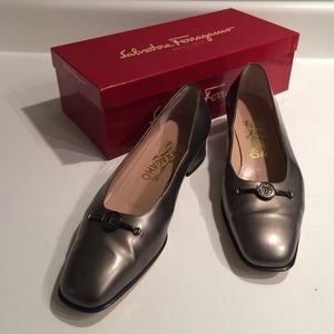 Gunmetal Gray Genuine Leather Ferragamo Shoes.