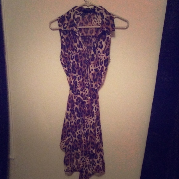 Cheetah print sheer tunic belted collared dress