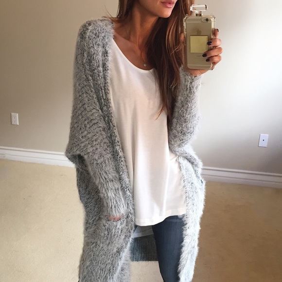 • SOLD • Soft Grey Fuzzy Cardigan - Picture 2 of 4