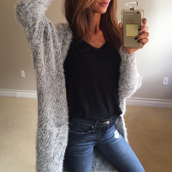 • SOLD • Soft Grey Fuzzy Cardigan - Picture 3 of 4