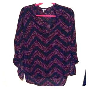 Black and dark pink chevron high low blouse