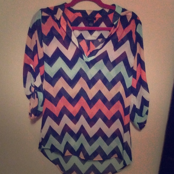 Multi color chevron sheer blouse high low