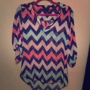 Multi color chevron sheer blouse high low