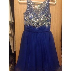 Short Blue Sleeveless Beaded Homecoming Dress