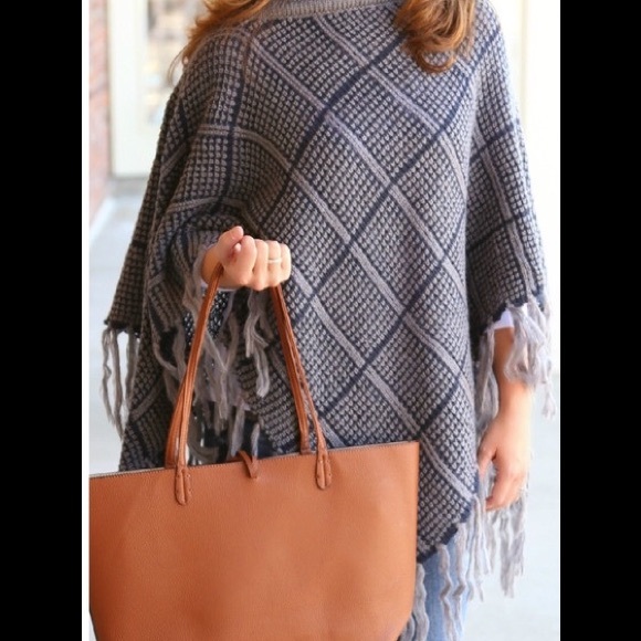 Blue and grey poncho sweater