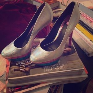 B Brian Atwood silver, teal, and pink platform