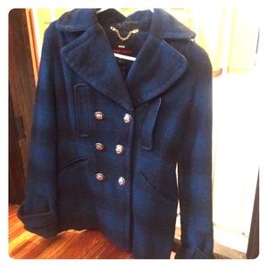Miss Sixty black/blue plaid wool pea coat