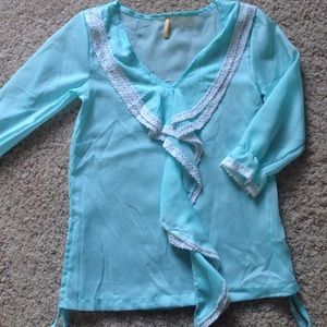 Teal chiffon lace ruffle shirt 3/4 length sleeves