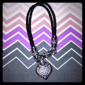Black leather bracelet with Silver heart dangle