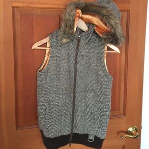 Chevron Tweed Faux Fur Hooded Vest