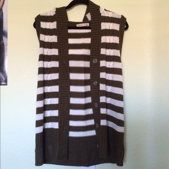 Green and white striped sleeveless knit cardigan