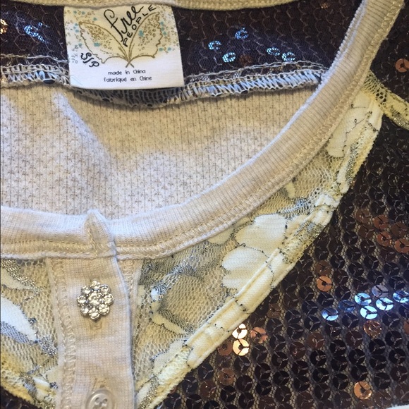 Free People Sequined & Laced Thermal Henley Top