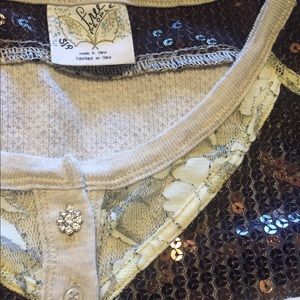 Free People Sequined & Laced Thermal Henley Top
