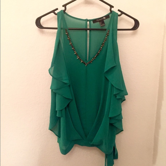Sheer Green Embellished Neckline Shirt Small