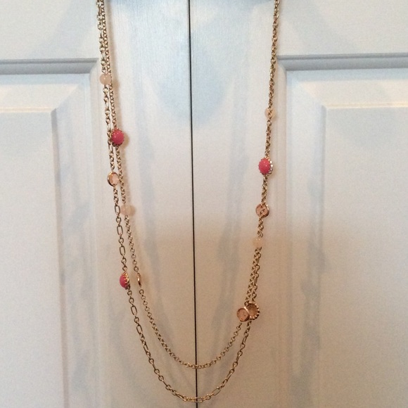 Dual Gold Chain Necklace w/ Pink Beads
