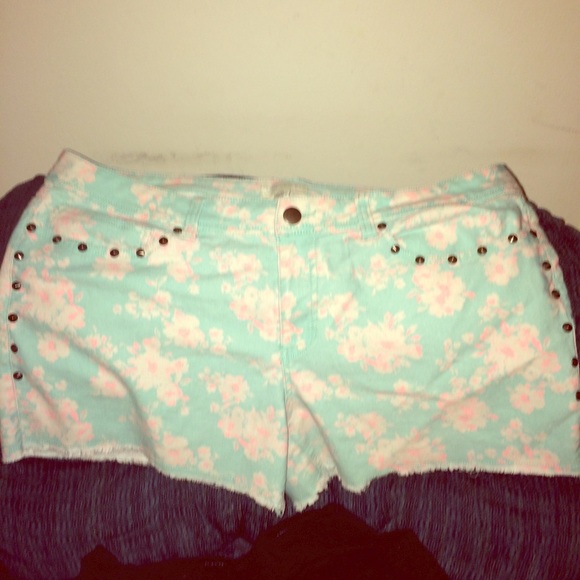 Aqua and pink floral print denim shorts