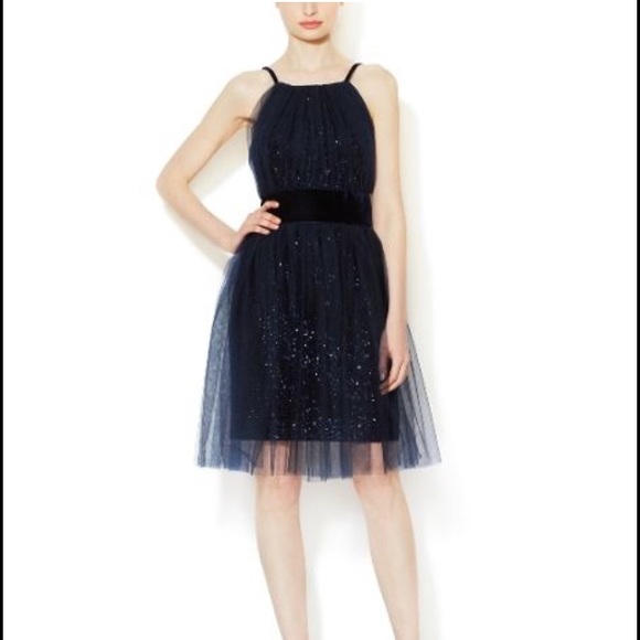 Marchesa Notte- Navy Sequin Velvet Tulle Dress