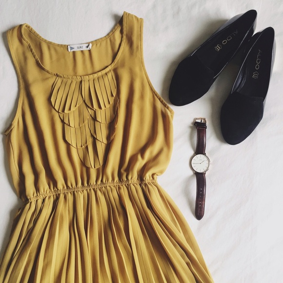 mustard yellow cocktail dress.