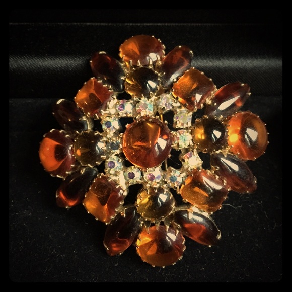 Lovely, vintage amber-colored pin w/ crystals