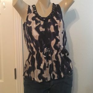 Alfani Petite Navy Tan Blouse w/blk necklace