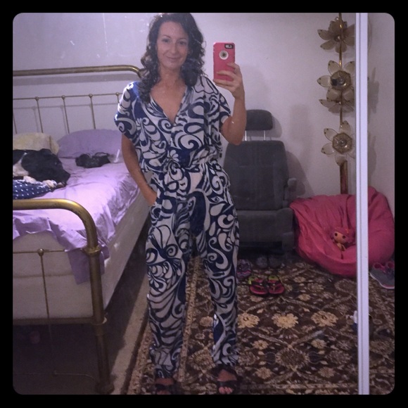 Pants - "B" by BALUOKE Blue Damask Print Classic Jumpsuit