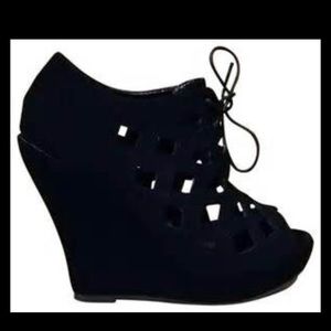 Black Nubuck Cut Out Peep Toe Wedges
