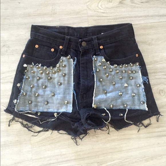 LF BLACK STUDDED JEAN SHORTS