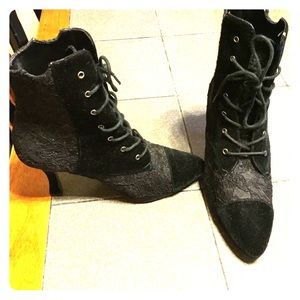 Black lace heeled ankle boots