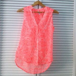 Neon coral and white patterned button down tank