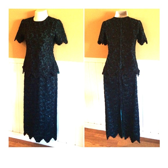 Teal And Black Long Beaded Evening Gown