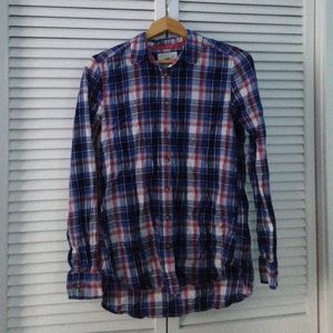 Red white and blue plaid button down