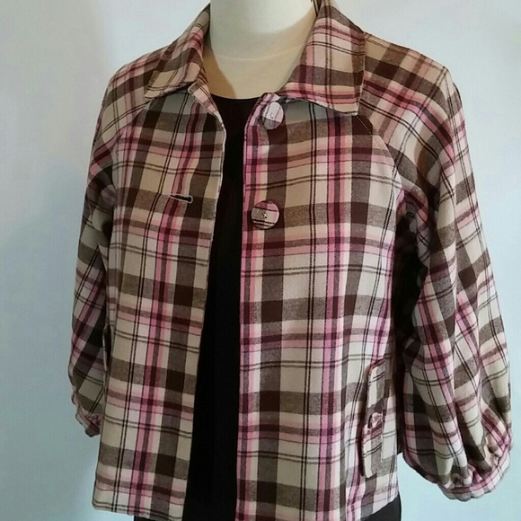 Pink and Brown Plaid Cropped Swing Jacket - Picture 4 of 4