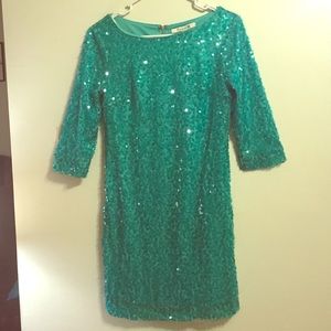 Teal Sequin Dress with 3/4 Sleeves