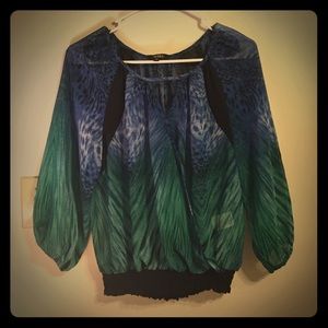 XOXO Sheer Green and Blue Top with Leopard Detail