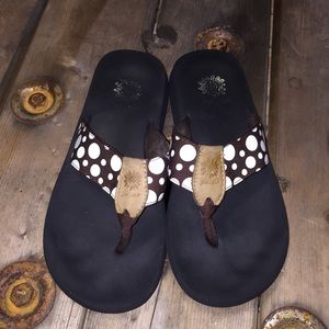 Yellow box brown and white polka dot flip flops