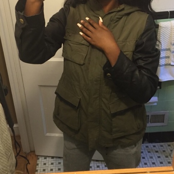 Army Green Jacket w/ Leather Sleeves